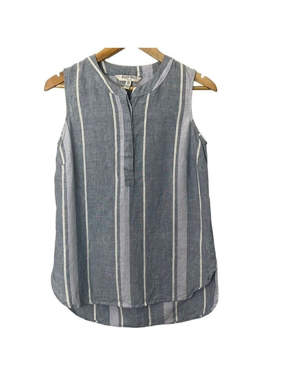 Ellen Tracy 100% Linen Sleeveless Top Womens S Blue White Stripe Button Up